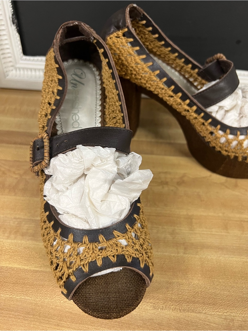 Unleashed Boho macrame chunky Mary Jane strap heels - Picture 2 of 7
